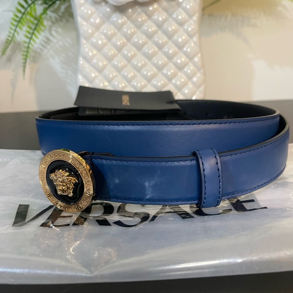 NWT Versace Cobalt Blue Leather Belt with Gold Medusa - Picture 2 of 8